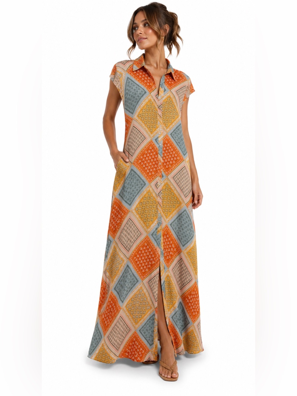 NWT Cato Multicolor Patchwork Button-Front Dress — Orange, Yellow, Green, Blue - Picture 4 of 10